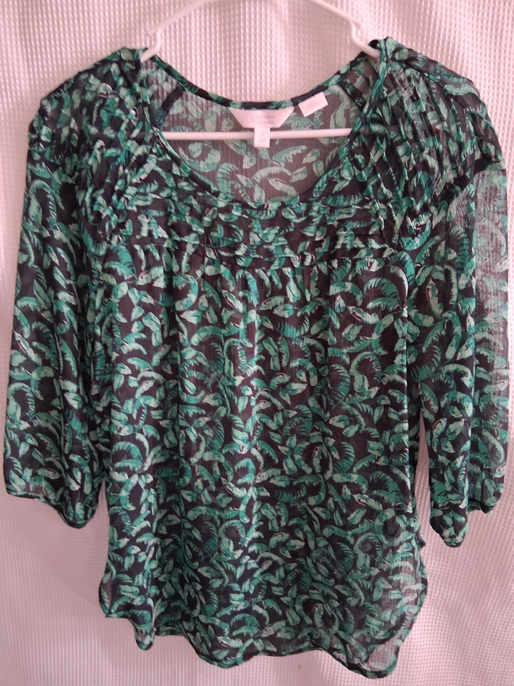 LC Lauren Conrad Black Sheer Blouse with Green Leaf Print